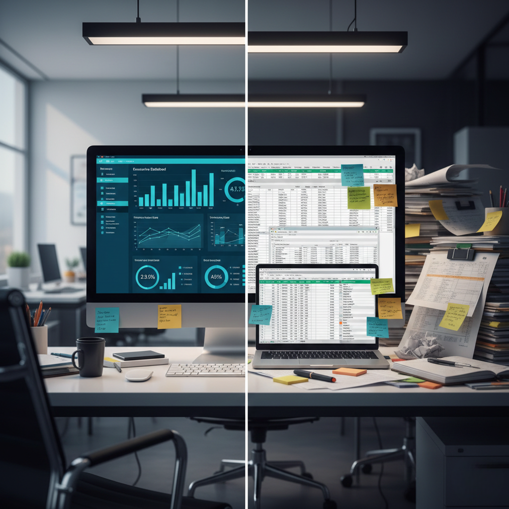 computer screens with nice dashboard but messy desk.